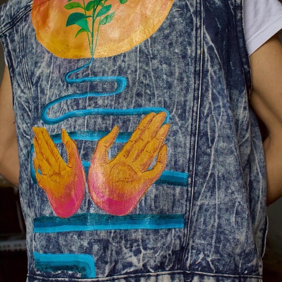 Custom Hand Painted Bleach Washed Denim Vest M-L - Picture 2 of 6